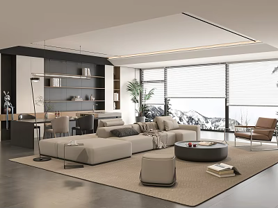 Modern Open Living Dining Room Interior With Sofa Coffee Table And Floor to Ceiling Windows 3d model