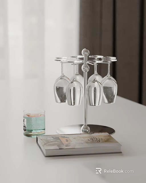 Metal Decorative Ornament Combination With Wine Glass Holder Transparent Wine Glasses And Magazine On Tabletop 3d model 