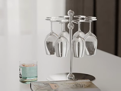 Metal Decorative Ornament Combination With Wine Glass Holder Transparent Wine Glasses And Magazine On Tabletop 3d model