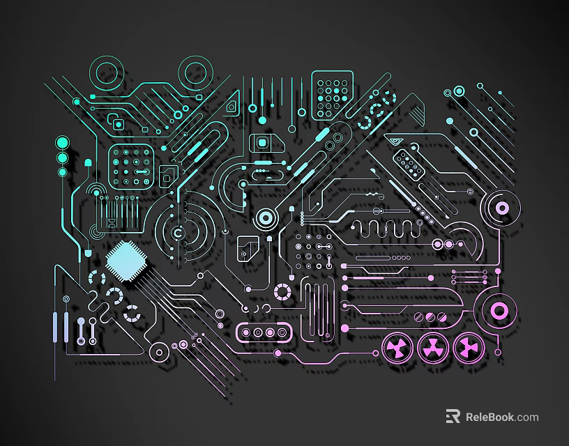 Neon Circuit Lines With Electronic Components And Colorful Patterns On Dark Background 3d model 
