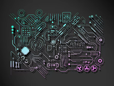 Neon Circuit Lines With Electronic Components And Colorful Patterns On Dark Background 3d model