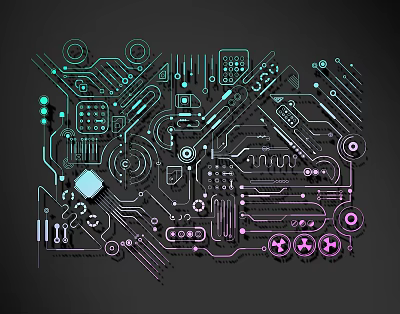 Neon Circuit Lines With Electronic Components And Colorful Patterns On Dark Background 3d model