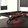 Modern Entertainment Pool Table Featuring Green Felt Surface Billiard Balls Cues And Black Red Legs