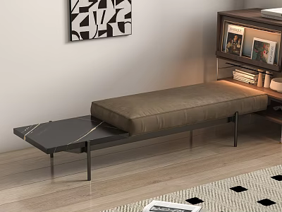 Modern Bench With Brown Cushion Black Metal Frame And Marble Top In Wooden Floor Interior 3d model