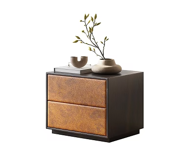 Dark Wood Bedside Table With Leather Drawers Vase Plant Cup And Book 3d model