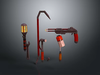 Set of Practical Household Tools Including Red Flashlight Metal Crowbar And Orange Spray Gun 3d model