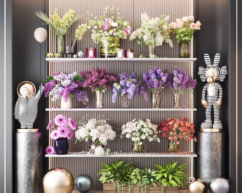 Colorful Flowers In Multiple Vases Arranged On Decorative Shelf With Green Plants 3d model 