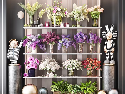 Colorful Flowers In Multiple Vases Arranged On Decorative Shelf With Green Plants 3d model
