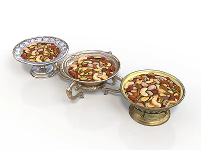 Assorted Mixed Nuts with Almonds Cashews in Elegant Silver and Gold Trays 3d model