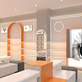 Modern Boutique Interior Design With Orange Counter White Shelves And Arched Windows