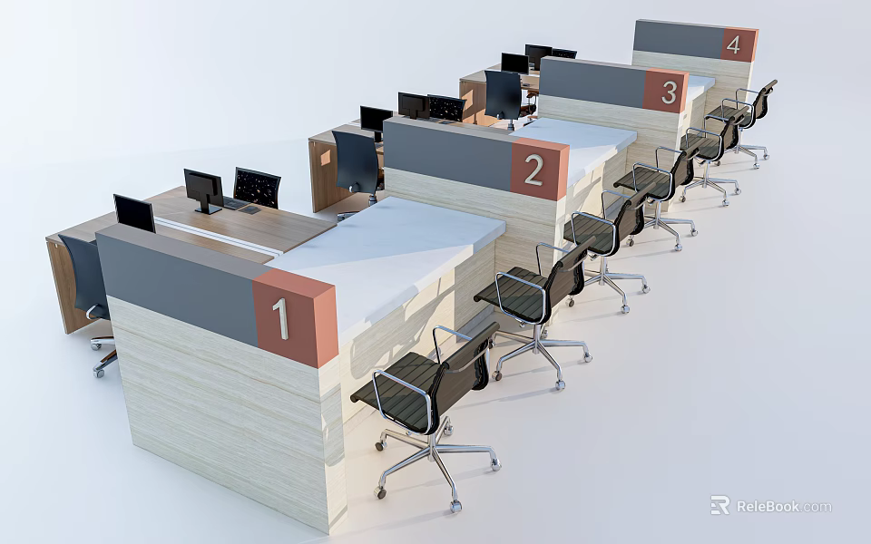 Modern Office Workstations With Numbered Desks Black Rolling Chairs And Divider Panels 3d model 