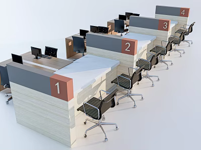 Modern Office Workstations With Numbered Desks Black Rolling Chairs And Divider Panels 3d model