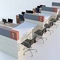Modern Office Workstations With Numbered Desks Black Rolling Chairs And Divider Panels 3d model