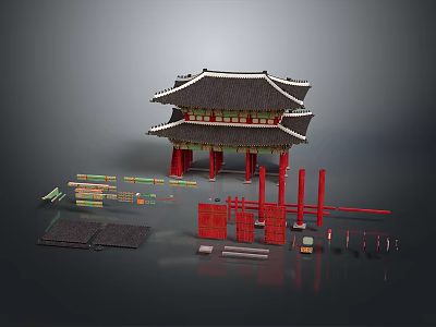 Traditional Palace Style Architecture With Multi tiered Roof Black Tiles Red Columns And Components 3d model