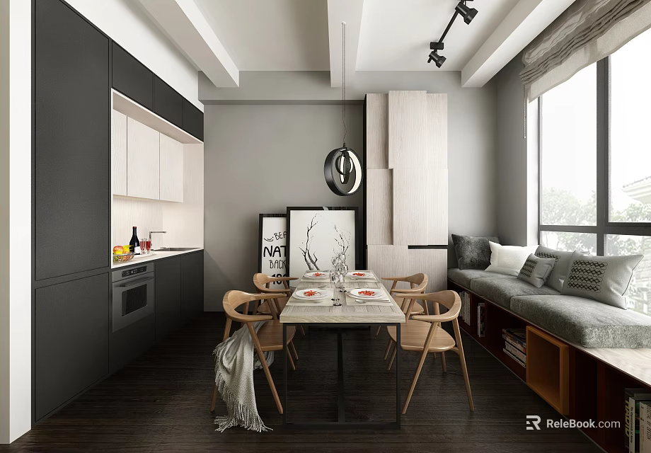 Modern Apartment Dining Area With Wooden Table Chairs Kitchen Cabinets And Bright Windows Decorations 3d model 
