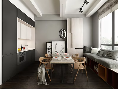Modern Apartment Dining Area With Wooden Table Chairs Kitchen Cabinets And Bright Windows Decorations 3d model