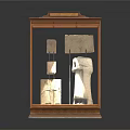 Ancient Stone Artifacts Showcased In Wooden Glass Display Cabinet With Carvings