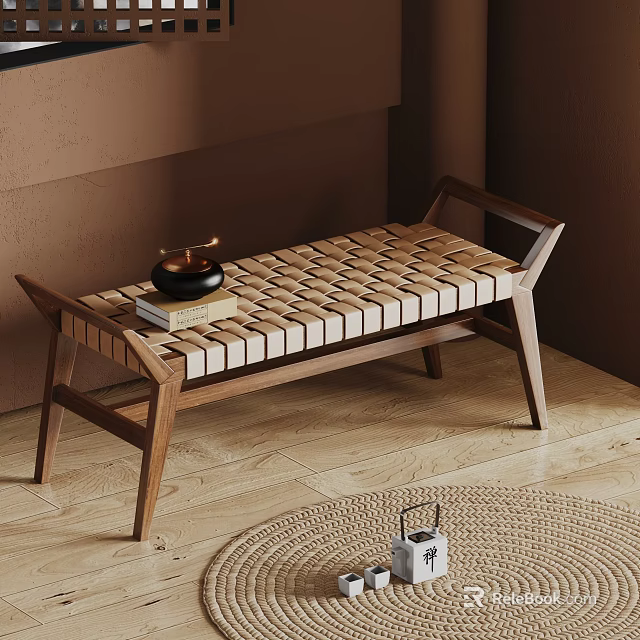 Wooden Bench With Woven Slatted Design In Interior Warm Brown Wall Natural Wooden Floor 3d model 