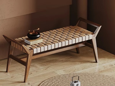Wooden Bench With Woven Slatted Design In Interior Warm Brown Wall Natural Wooden Floor 3d model