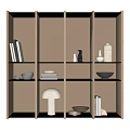 Modern Minimalist Decorative Cabinet with Wooden Shelves Books Vases and Table Lamp