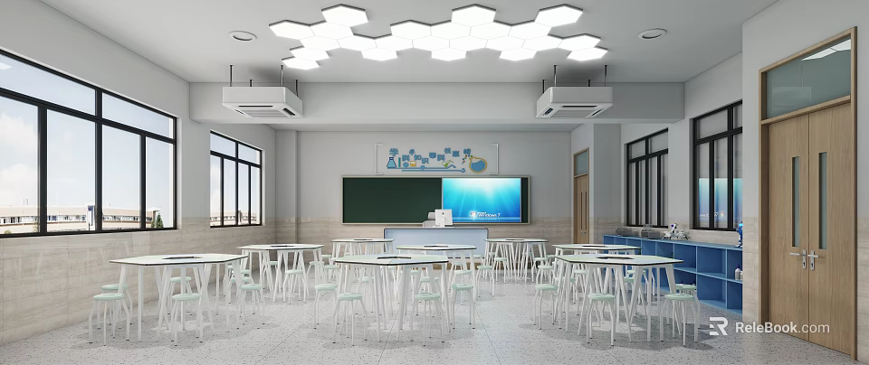 School Classroom Interior With White Tables Chairs Blackboard Large Screen And Geometric Ceiling Lights 3d model