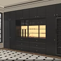 Modern Black Wine Cabinet With Glass Door Display Shelves And Wine Storage Drawers