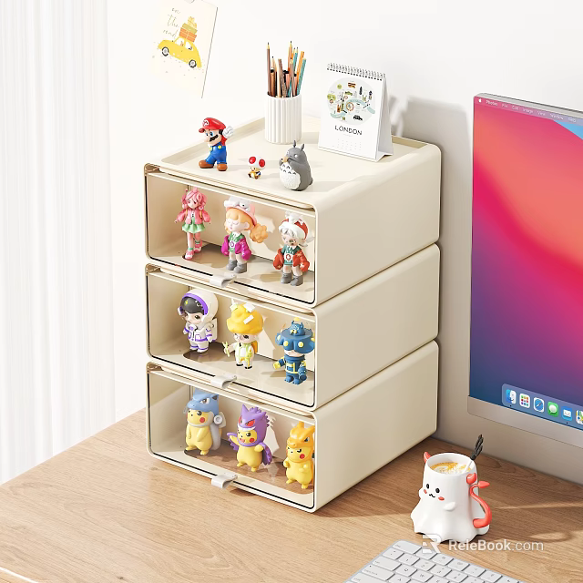 Beige Multi Drawer Action Figure Storage Cabinet With Cartoon Characters On Desktop 3d model 