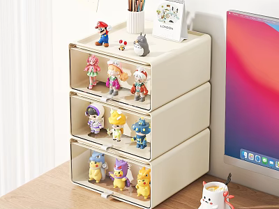 Beige Multi Drawer Action Figure Storage Cabinet With Cartoon Characters On Desktop 3d model