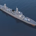 Gray Warship Sailing on Calm Blue Sea With Radar Antennas and Superstructure