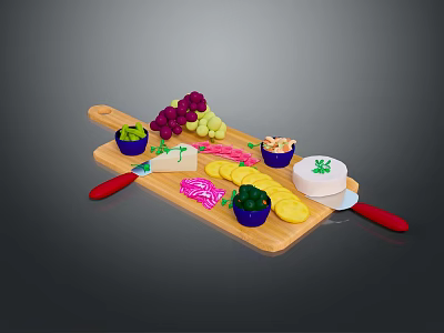 Assorted Cheese Platter with Grapes Blue Bowls on Wooden Cutting Board and Red Handle Knives 3d model