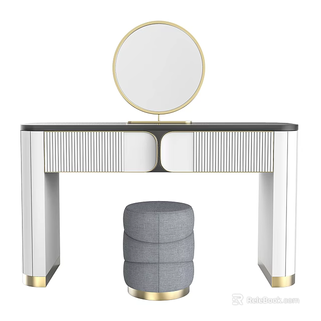 Sleek Modern Dressing Table With Round Gold Frame Mirror And Gray Stool 3d model 