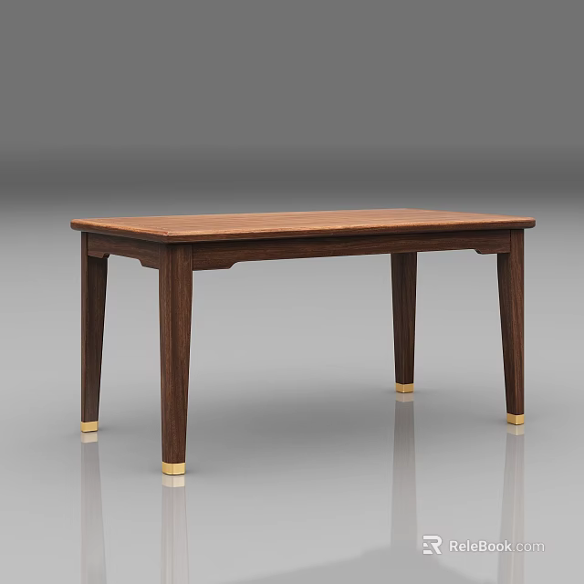 Sleek Modern Solid Wood Dining Table With Walnut Finish And Gold Metal Leg Caps 3d model 