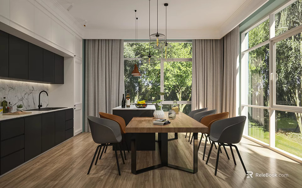 Modern Restaurant Interior With Wooden Dining Table Gray Chairs And Large Windows Green Trees Outside 3d model 