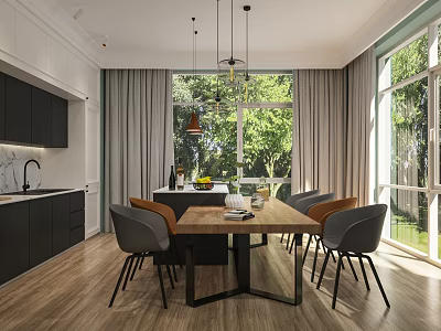 Modern Restaurant Interior With Wooden Dining Table Gray Chairs And Large Windows Green Trees Outside 3d model
