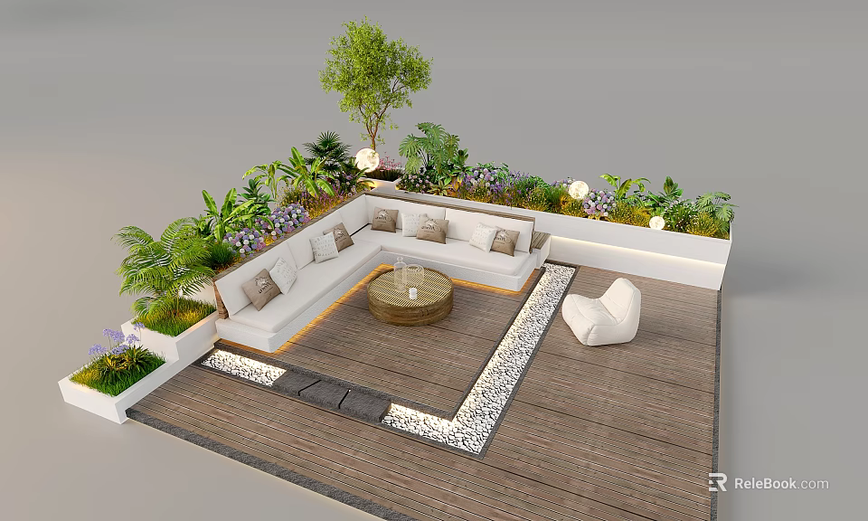 Outdoor Landscape Seating Area With Wooden Deck Greenery Round Table White Low Walls And Cushions 3d model 