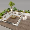 Outdoor Landscape Seating Area With Wooden Deck Greenery Round Table White Low Walls And Cushions