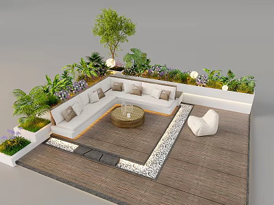 Outdoor Landscape Seating Area With Wooden Deck Greenery Round Table White Low Walls And Cushions 3d model