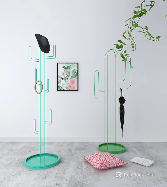 Green Cactus Shaped Coat Racks With Black Hat Umbrella On White Wall Gray Floor 3d model 