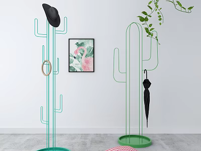 Green Cactus Shaped Coat Racks With Black Hat Umbrella On White Wall Gray Floor 3d model