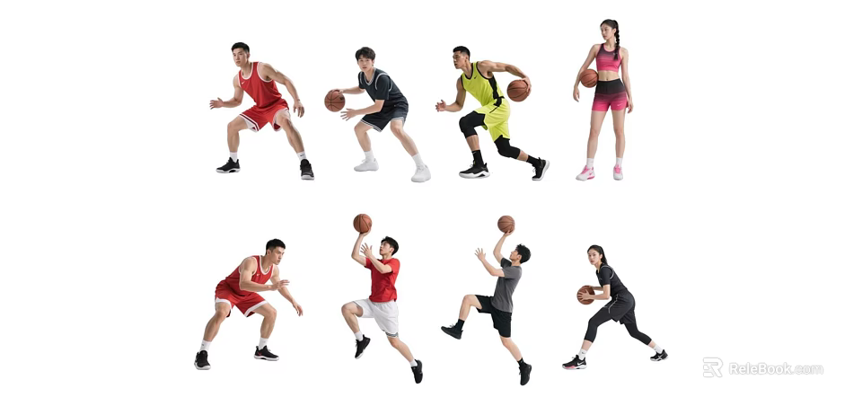 Group of People Playing Basketball in Various Dynamic Poses and Sportswear 3d model 