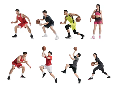 Group of People Playing Basketball in Various Dynamic Poses and Sportswear 3d model