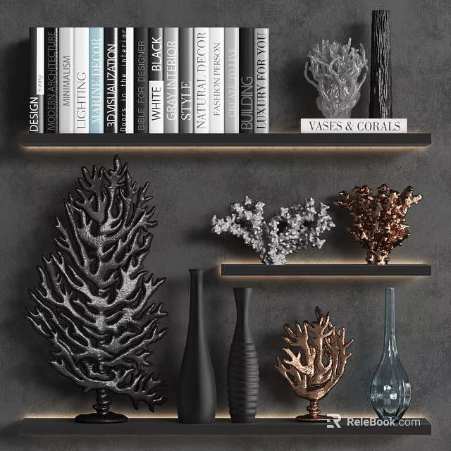Decorative Ornament Set With Coral Shaped Ornaments Vases Black Copper Silver On Wall Shelves 3d model 