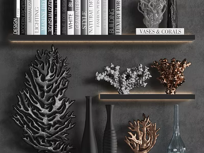 Decorative Ornament Set With Coral Shaped Ornaments Vases Black Copper Silver On Wall Shelves 3d model