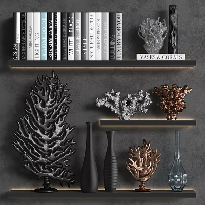 Decorative Ornament Set With Coral Shaped Ornaments Vases Black Copper Silver On Wall Shelves 3d model