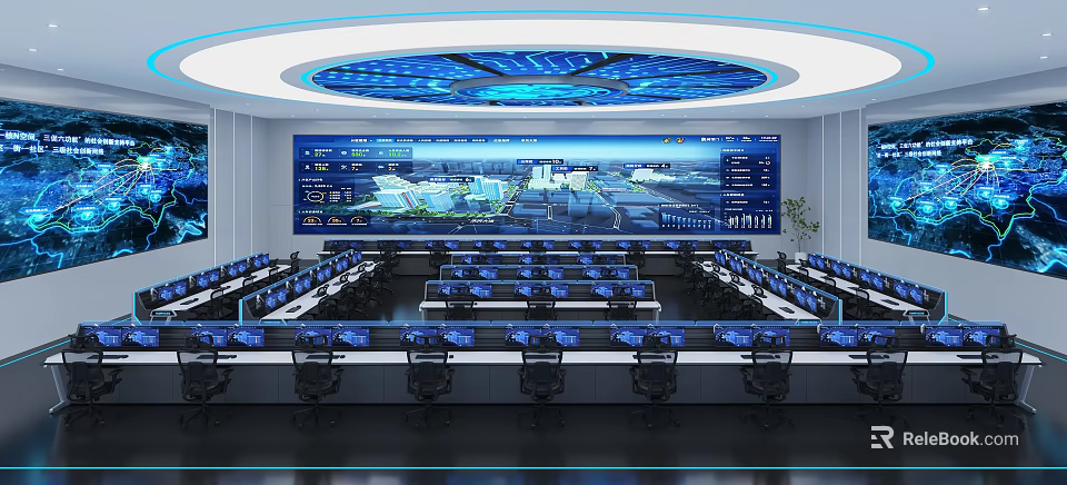 Modern Control Room Interior With Large Blue Display Screens Neat Consoles And Round Lighting Ceiling 3d model 