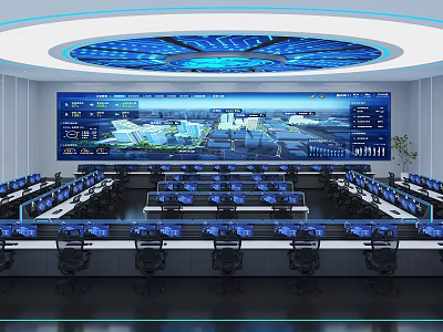Modern Control Room Interior With Large Blue Display Screens Neat Consoles And Round Lighting Ceiling 3d model