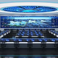 Modern Control Room Interior With Large Blue Display Screens Neat Consoles And Round Lighting Ceiling
