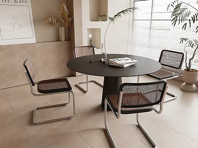 Modern Round Black Dining Table With Wicker Chairs Metal Frame And Plants 3d model