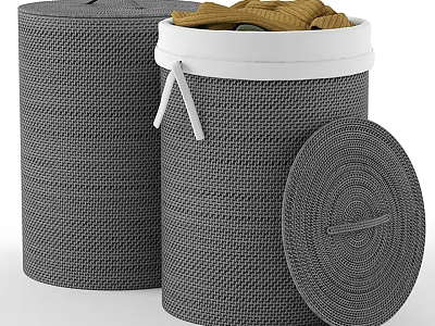 Gray Woven Storage Baskets With White Lid And Clothes For Home Organization 3d model