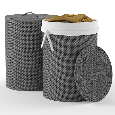 Gray Woven Storage Baskets With White Lid And Clothes For Home Organization 3d model